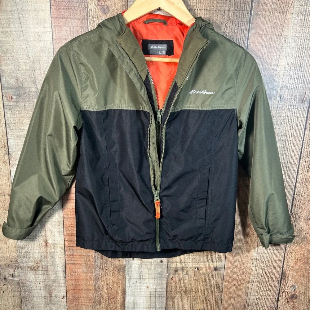 Eddie Bauer Kids S 7/8 Olive Green Black Hooded Windbreaker Jacket Outdoor Coat